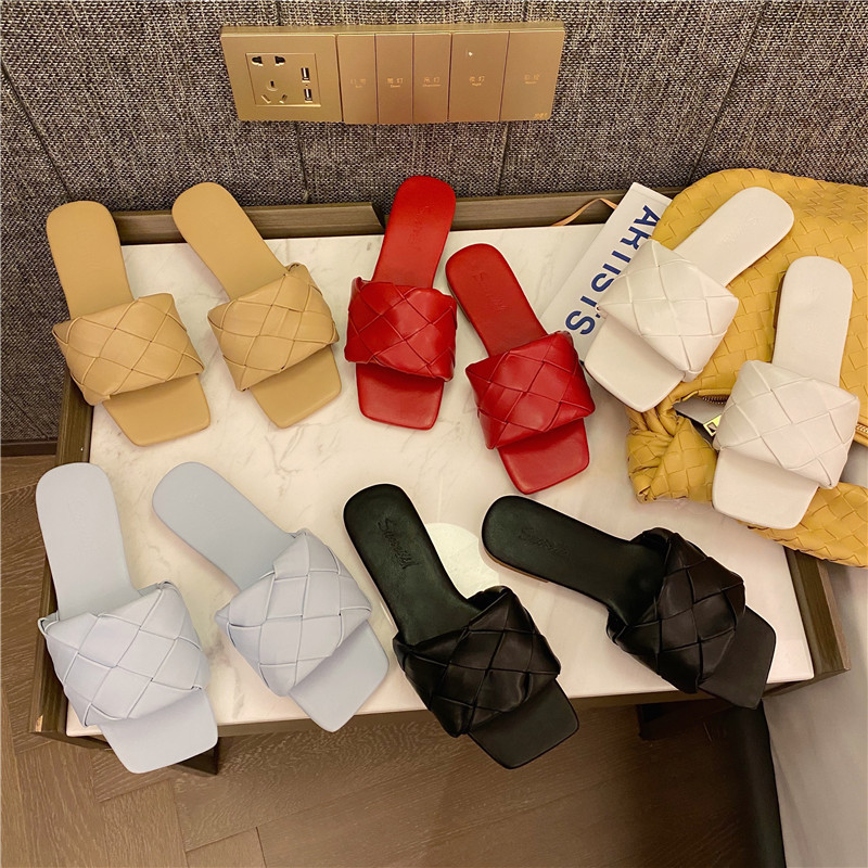 Summer woven slippers half-drag flat-bottomed square toe open-toed OL sandals for Womens outer wear SJF640243815571