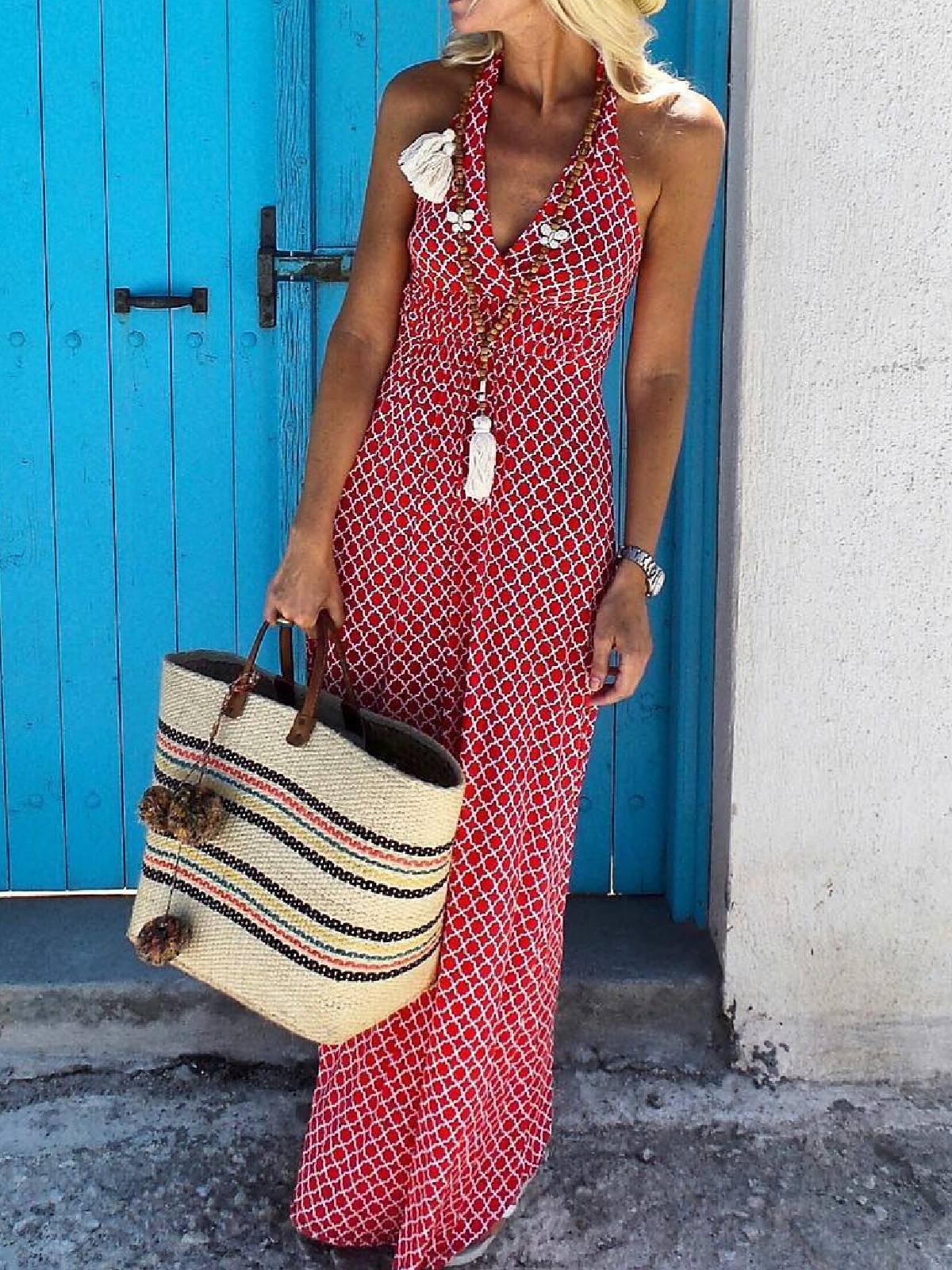 Red Halter Casual Geometric Floral-Print Dresses