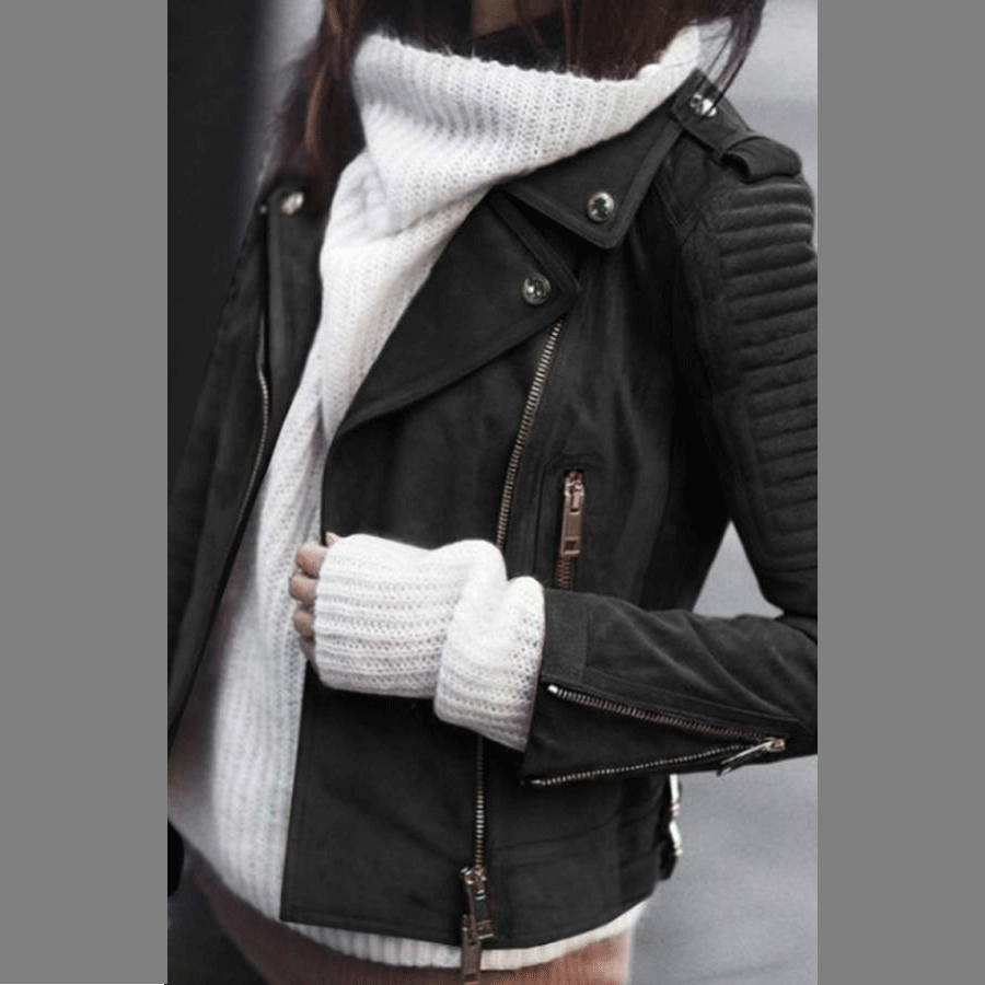 Fold Over Collar  Zipper  Plain Jackets