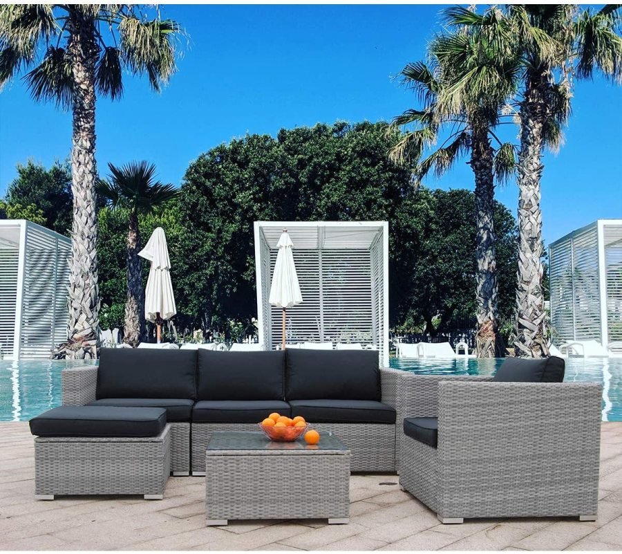 6 Piece Terrace Furniture Set Rattan Modular Outdoor Sofa Set with Black Washable Seat Cushions and Modern Glass Coffee Table