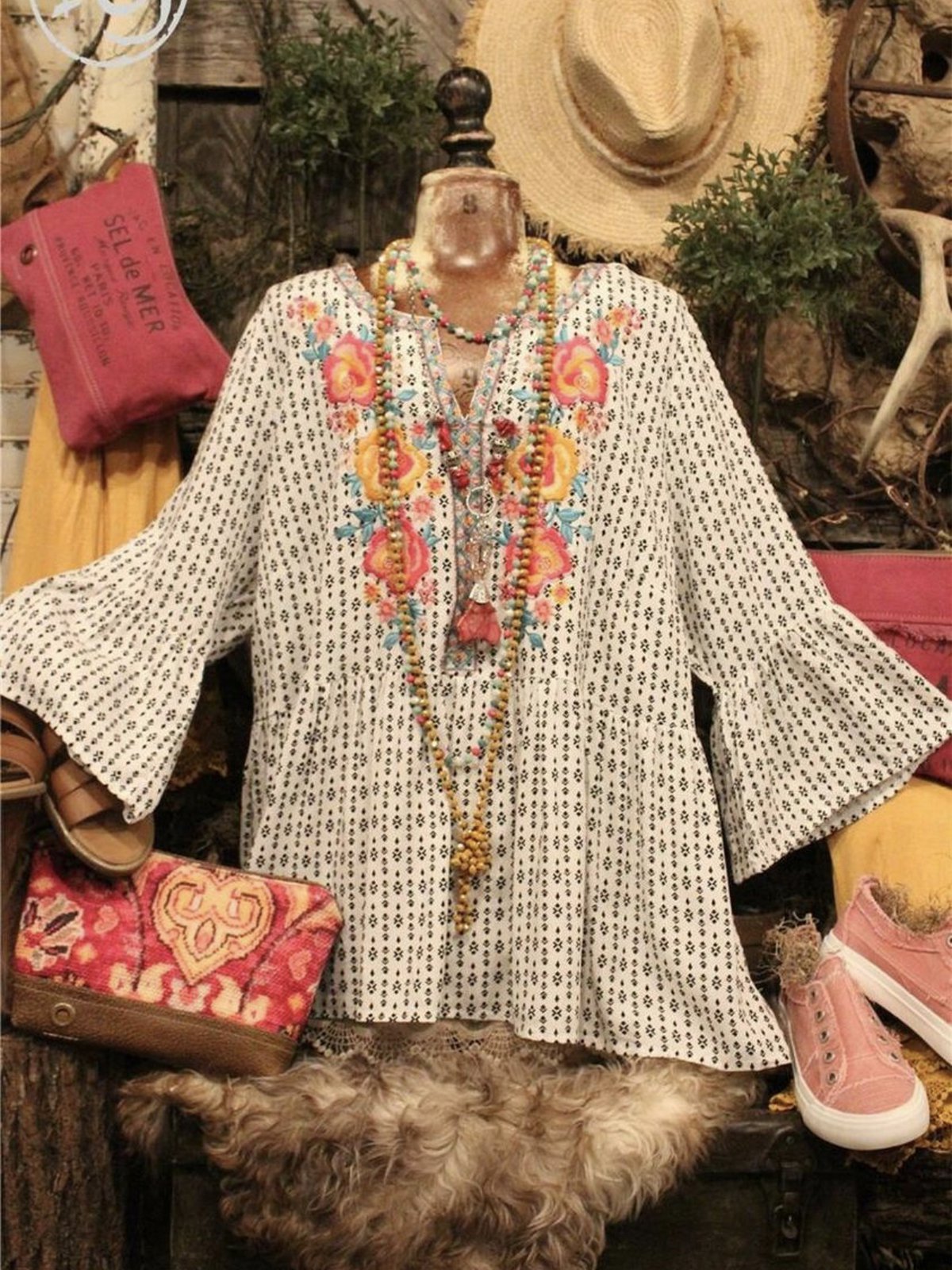 Boho Cotton-Blend Polka Dots Vintage Shirts & Tops