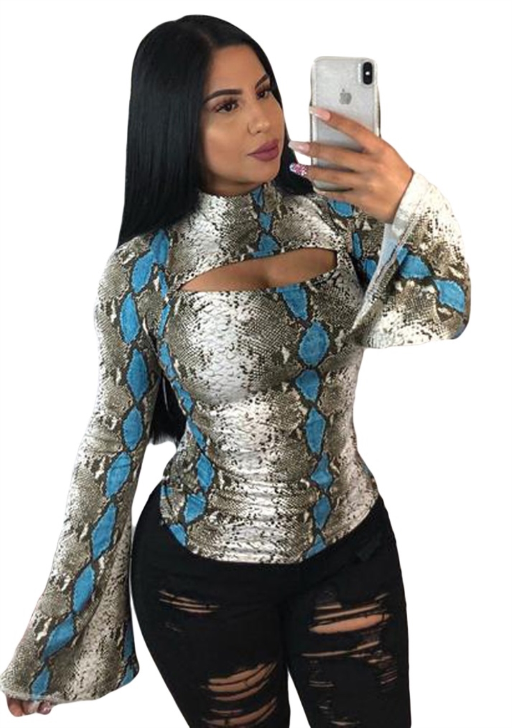 Snake Skin Sexy Tight Shirt with Wide Sleeves