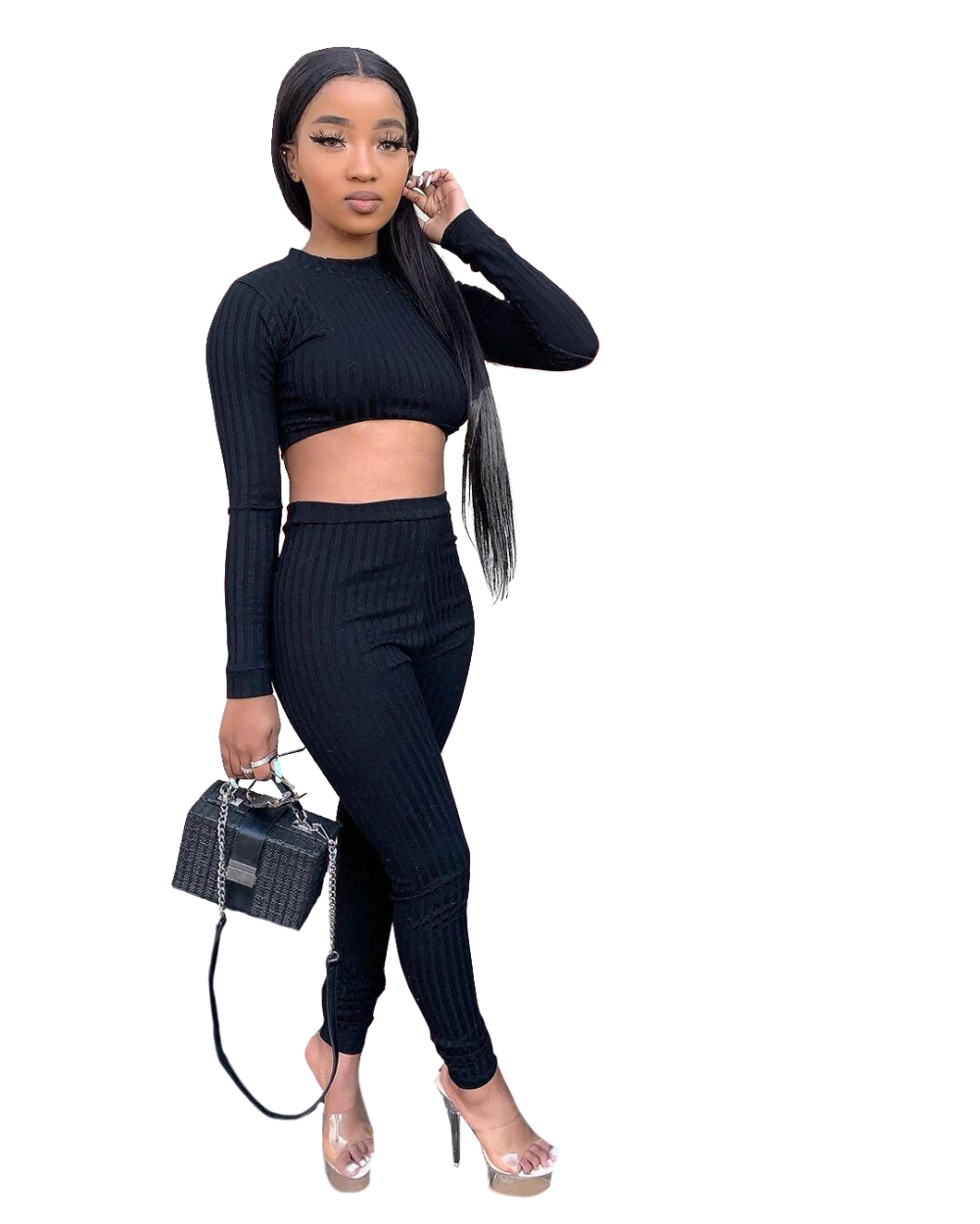 Fall Plain Knitted Crop Top and High Waist Legging Set