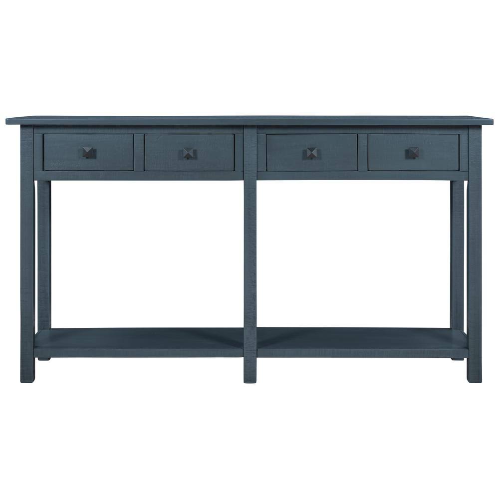 Qualfurn Rustic 59 in. Rectangle Antique Navy Wood Console Table with Drawers
