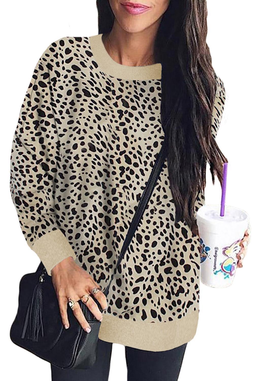 Beige Leopard Print Long Sleeve Pullover Sweatshirt