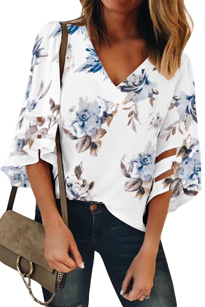 White 3/4 Flared Sleeve Floral Blouse