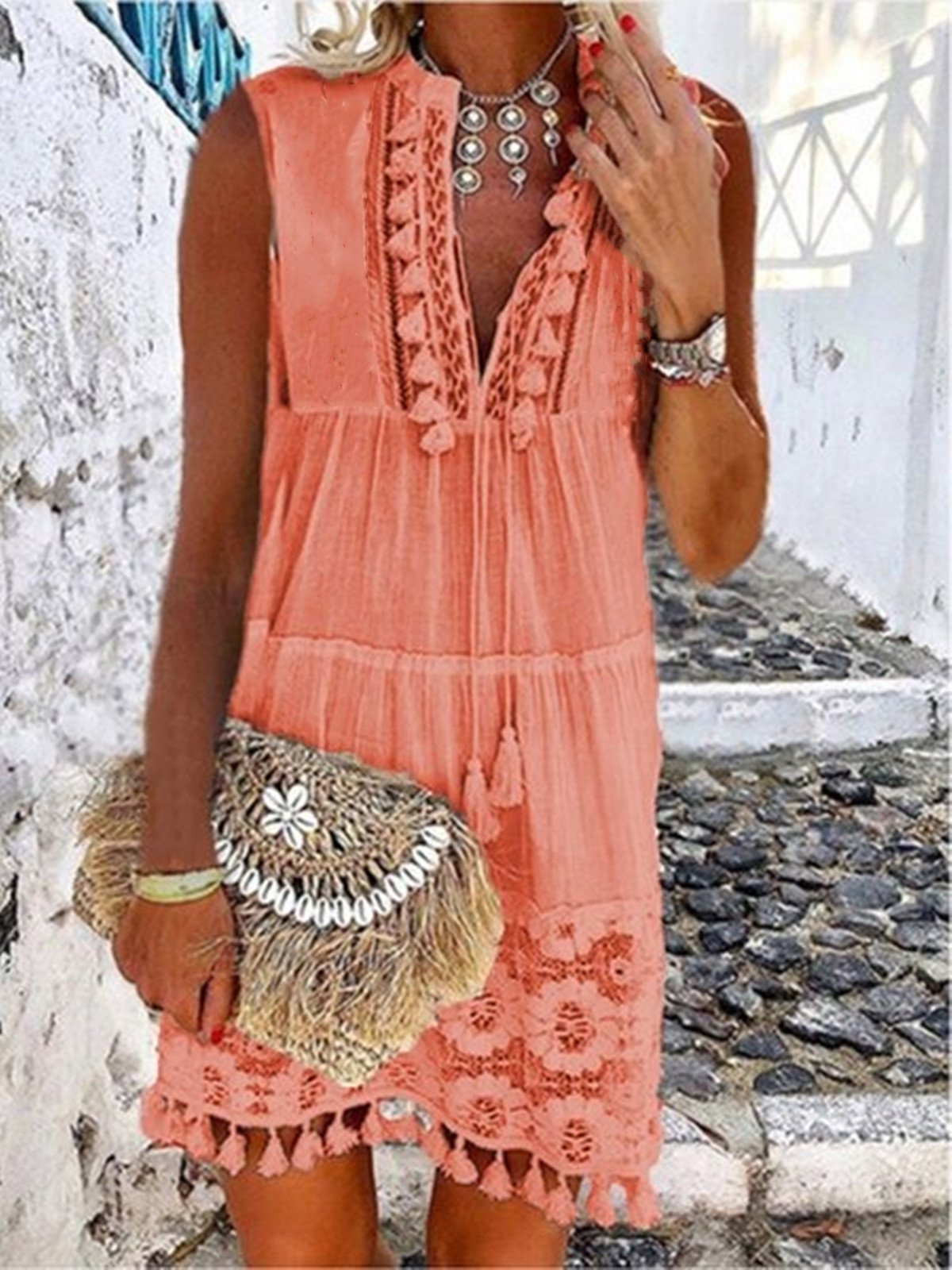 Holiday V-neck Laser-cut Sleeveless Midi Dress