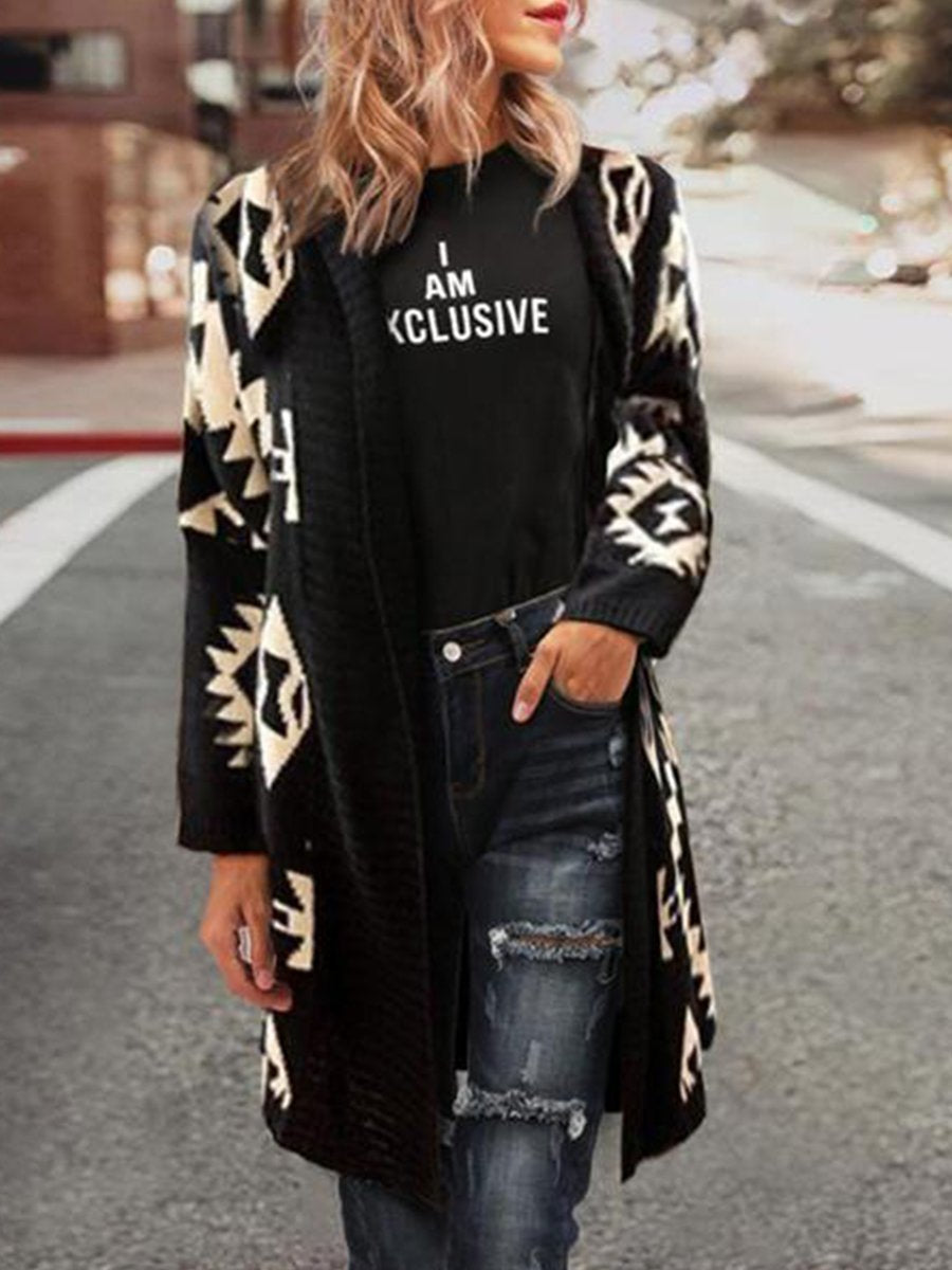 Fashion Med-Length Diamond Jacquard Knit Cardigan