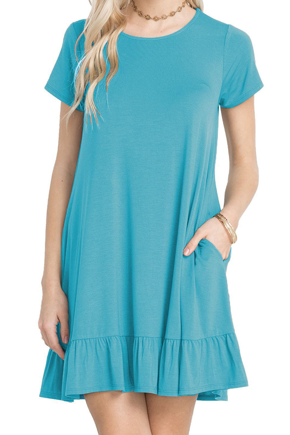 Blue Short Sleeve Draped Hemline Casual Shirt Dress