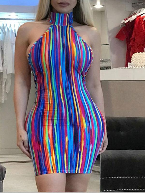 Rainbow Multicolor Stripes Crew Neck Beach Holiday Dress