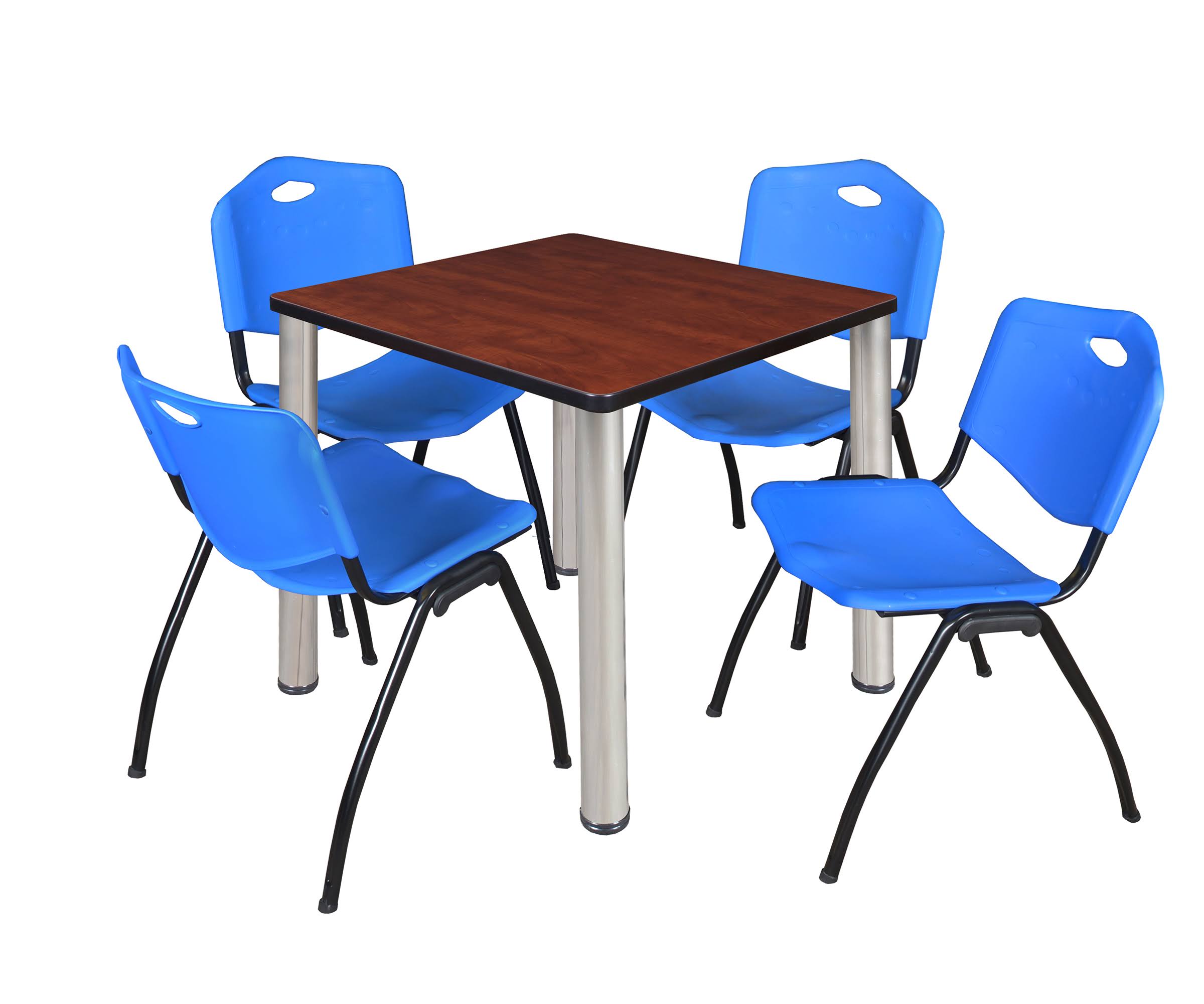 Regency Kee 30x22 Square Breakroom Table- Mahogany/ Chrome 4 &M& Stack Chairs- Blue