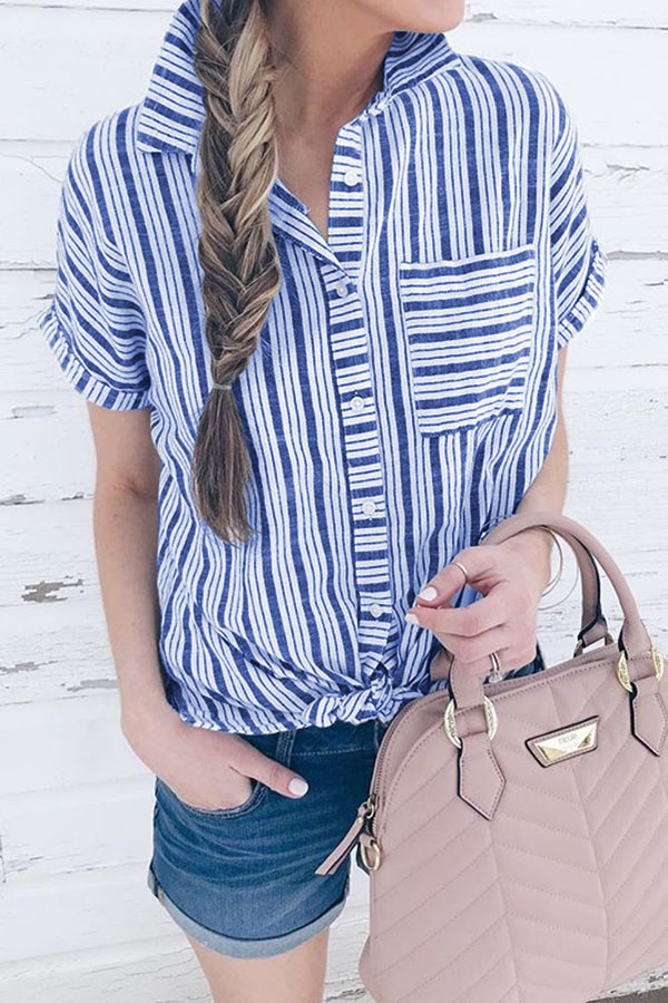 Blue Stripe Casual Collar Short Sleeve Shirt
