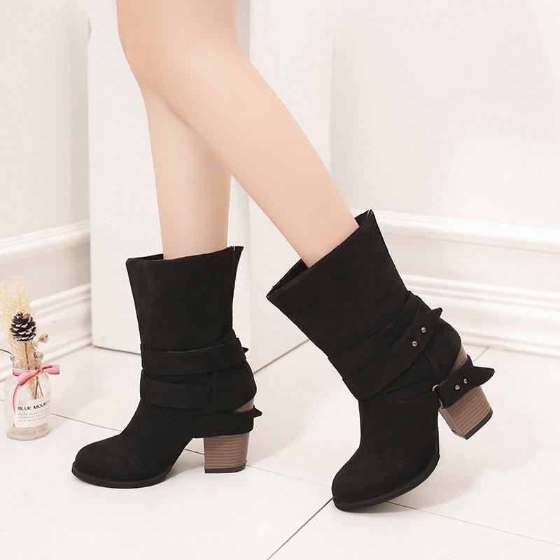 Women Comfy Suede Mid-Calf Chunky Heel Slip-On Boots