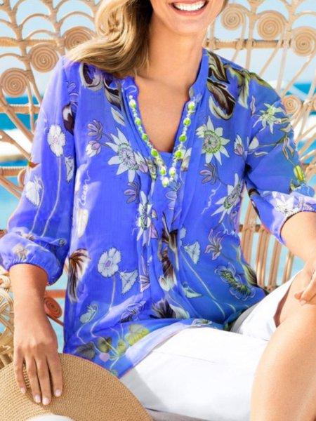 Printed 3/4 Sleeve Cotton-Blend V Neck Shirts & Tops