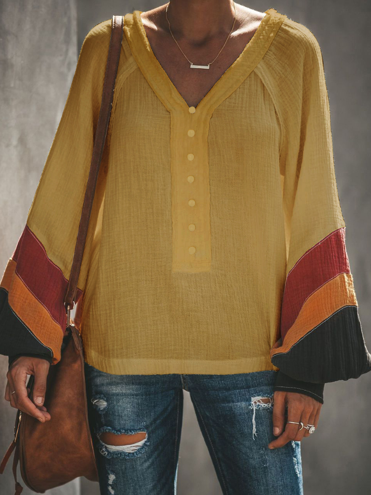 Paneled V Neck Bell Sleeve Casual Blouse&shirts