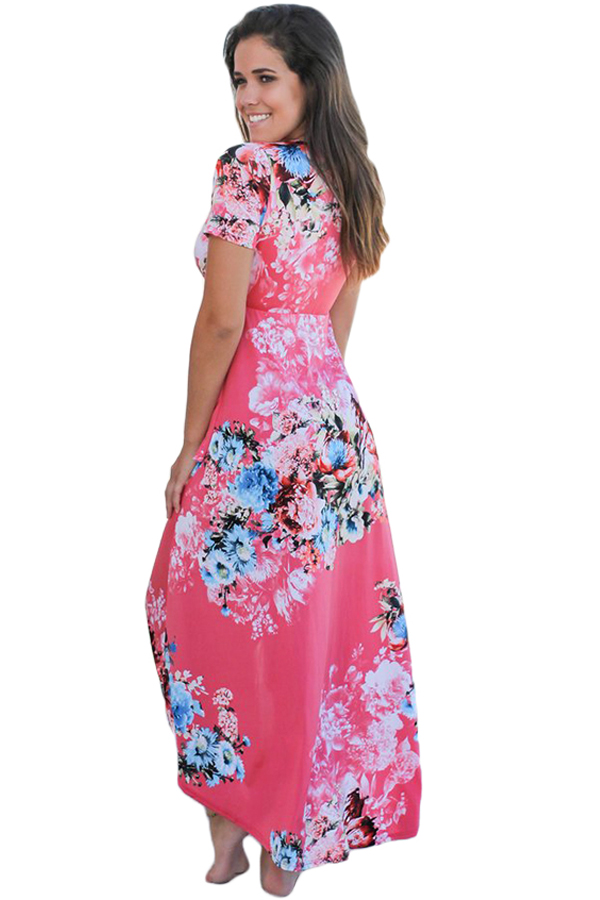 Rosy Floral Print High Low Wrap Dress