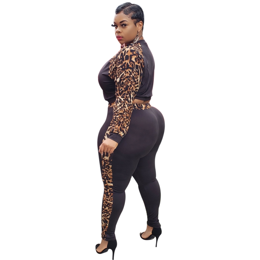 Plus Size Autumn Two Piece Leopard Pants Set