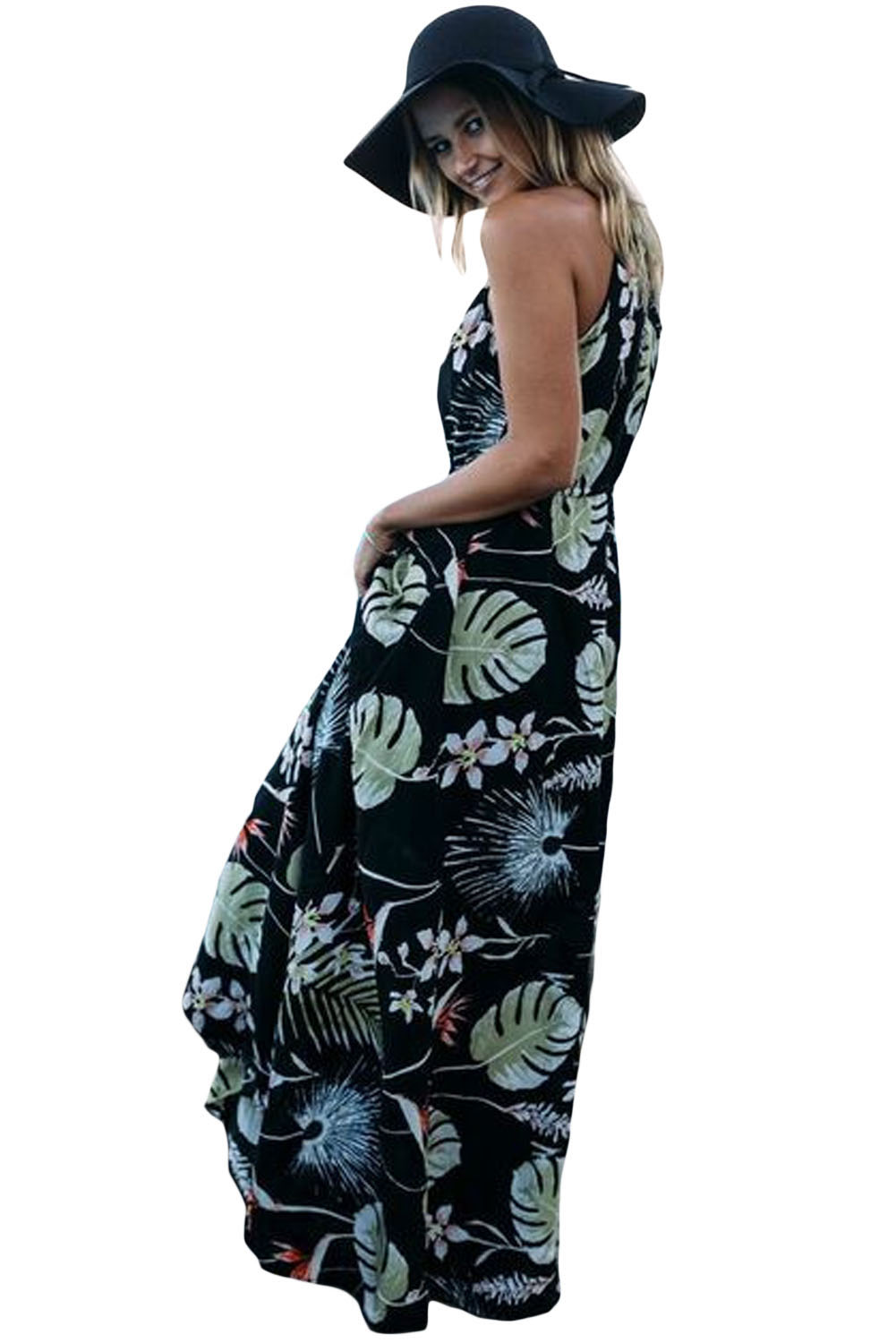 Dark Foiled Flower Print Sexy V Neck Maxi Dress