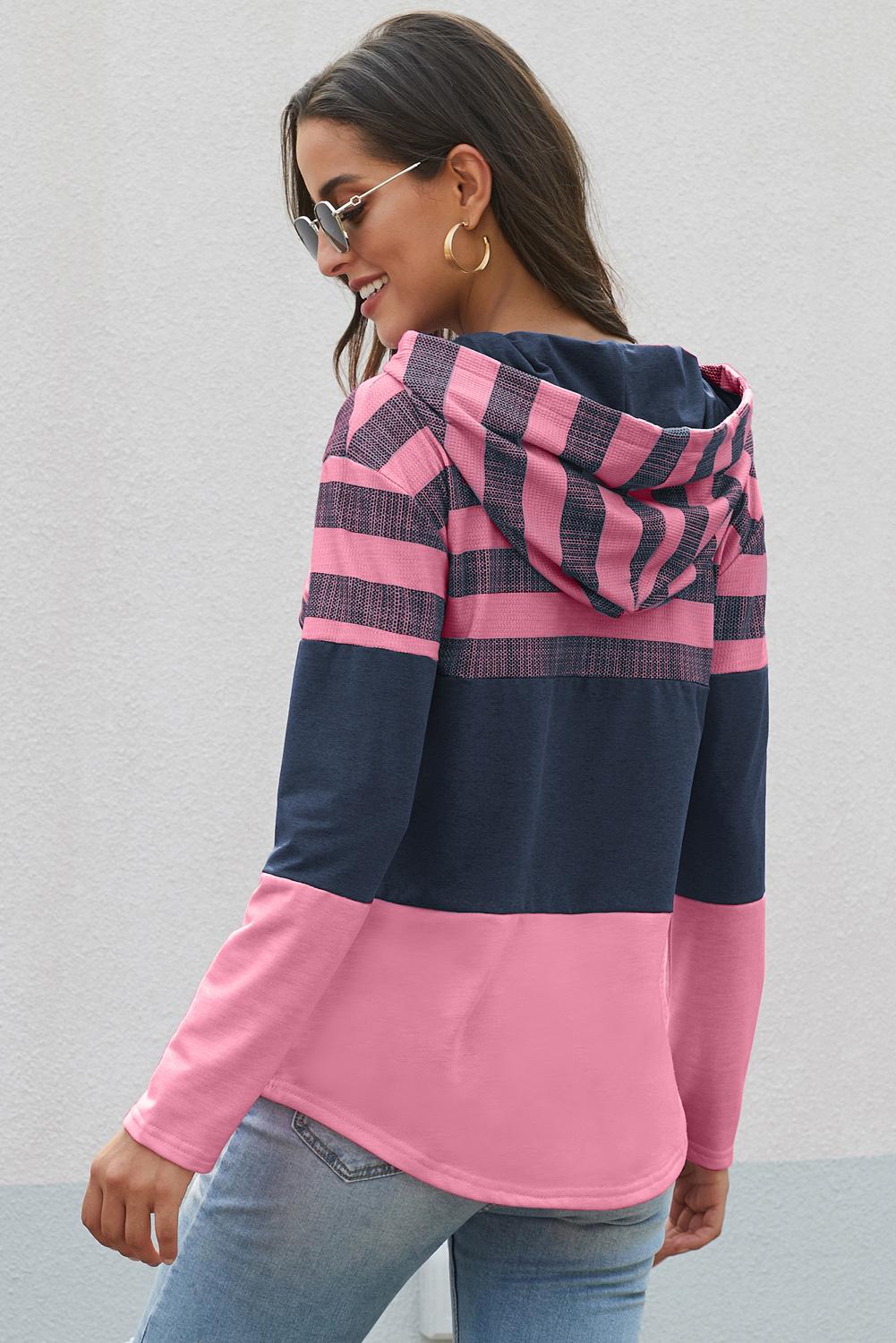 Rose Pink Speak to Me Color Block Drawstring Hoodie