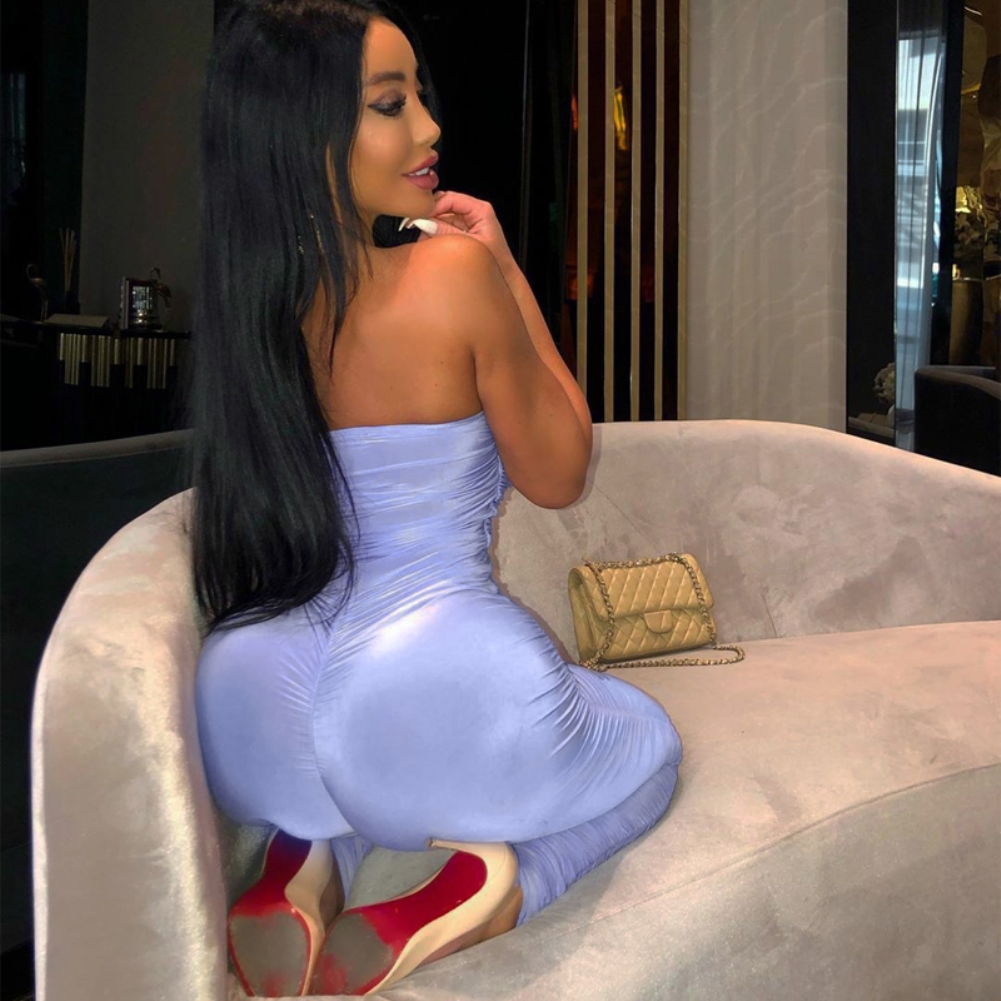 Plain Sexy Strapless Ruched Bodycon Jumpsuit