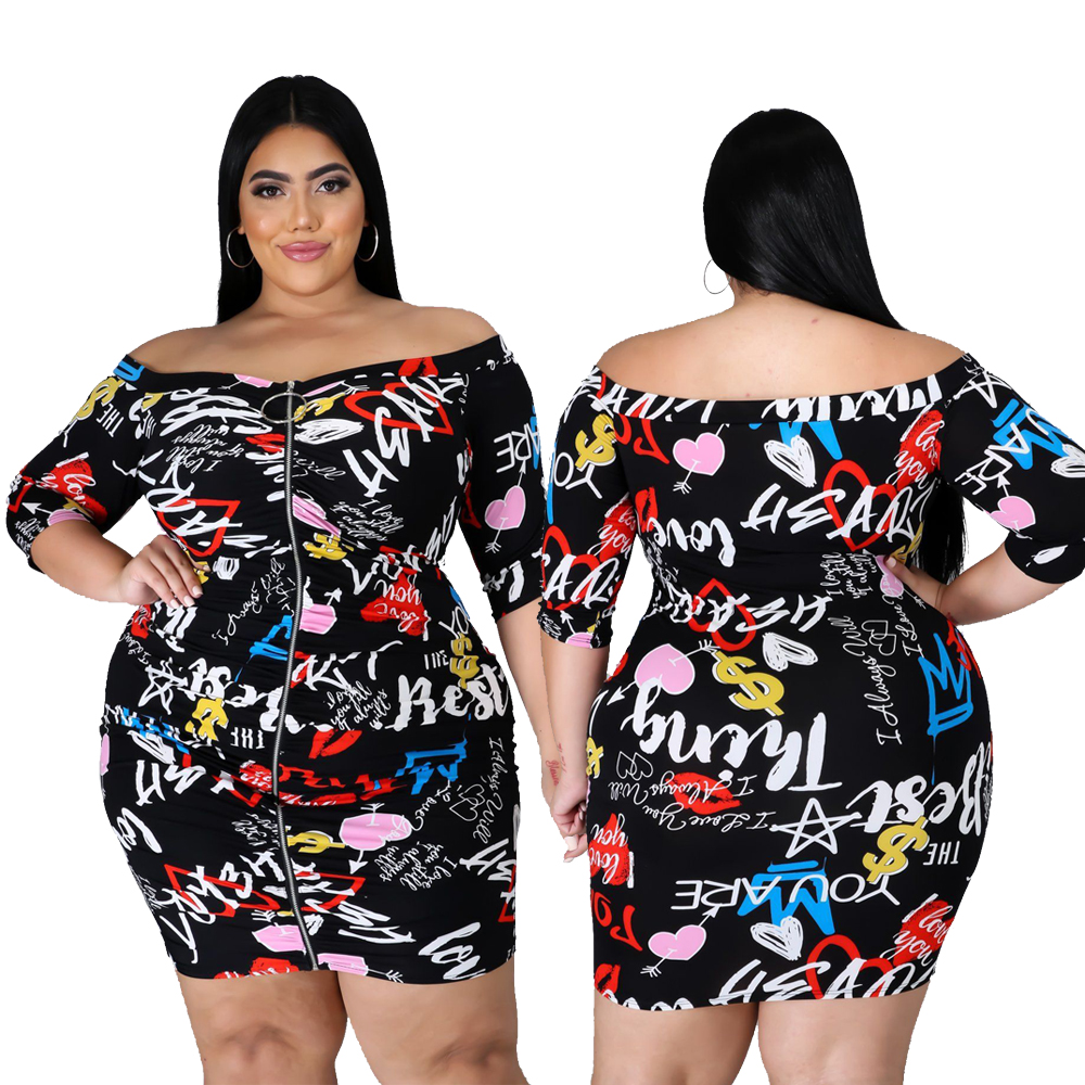 Plus Size Autumn Party Print Off Shoulder Zip Up Mini Dress