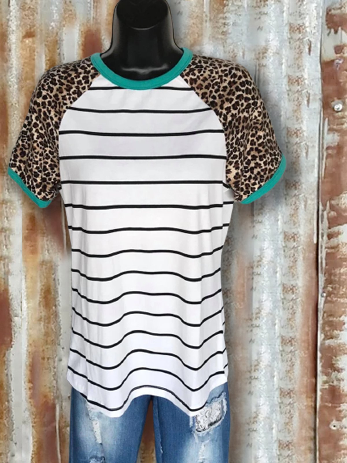 Printed Crew Neck Stripes Short Sleeve Shirts & Tops