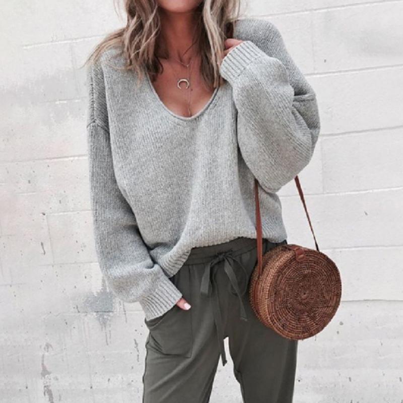 Fashion Casual V Neck Plain Loose Fitting Sweater