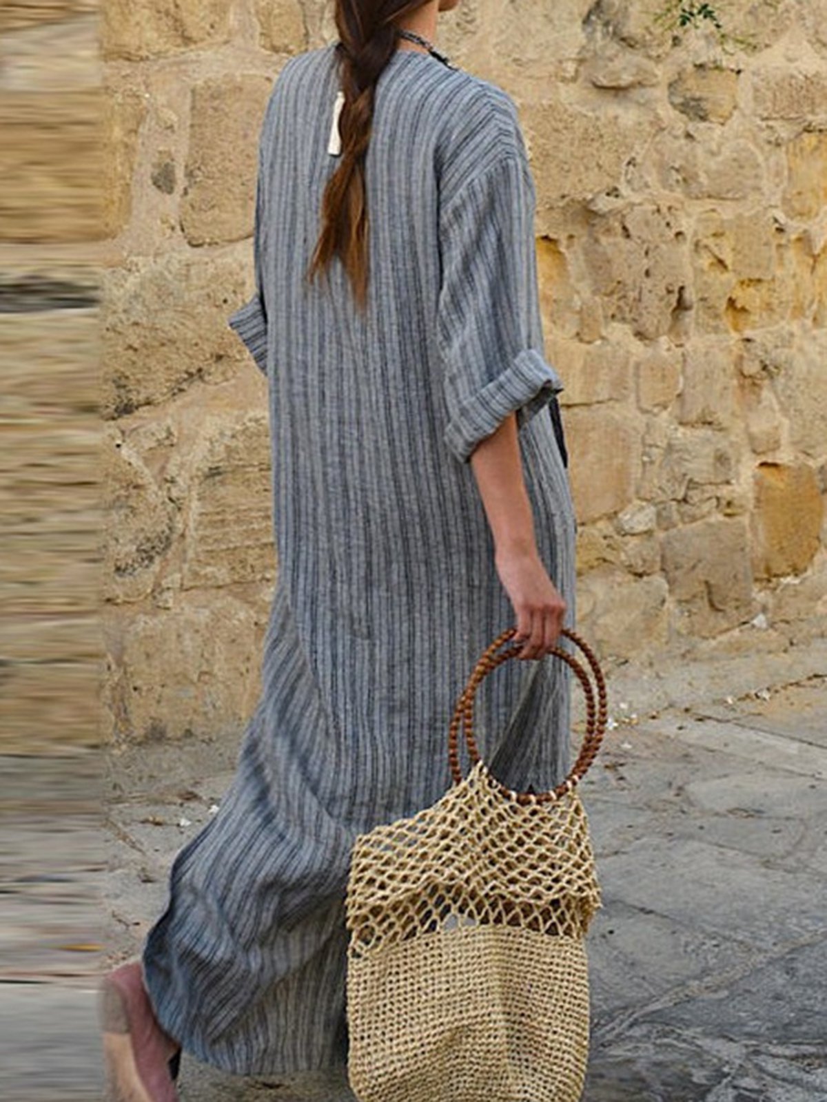 Plus Size Women  Shift Daily Linen Long Sleeve Pockets Striped Dress