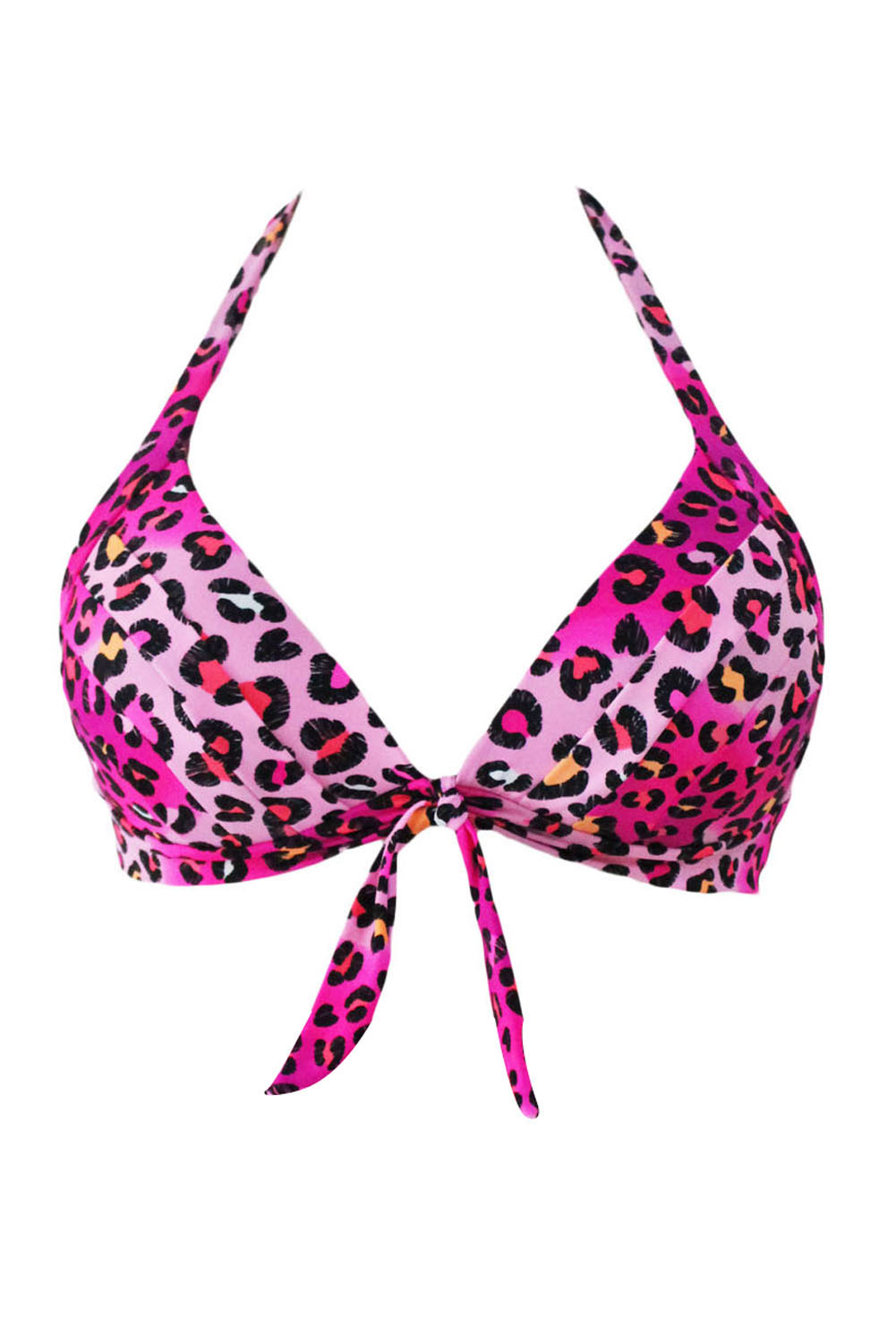 Rosy Leopard Print Retro Tie Front Bikini Top
