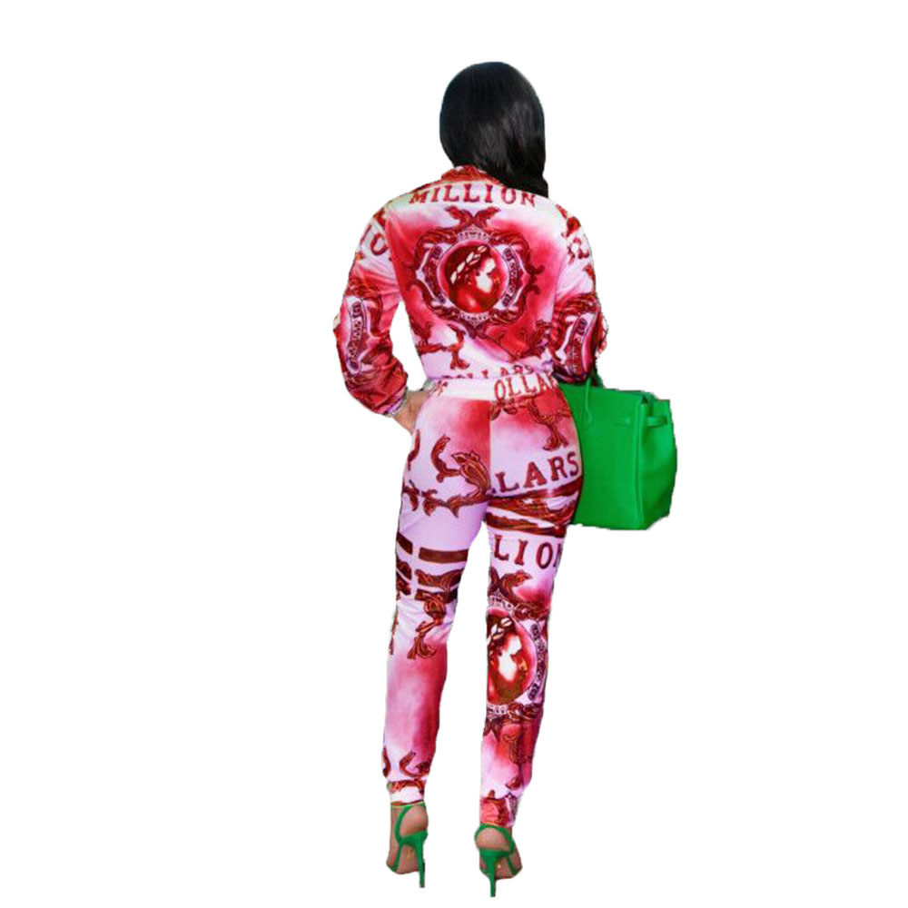 Autumn Retro Print Zipper Crop Top and High Waist Pants Set