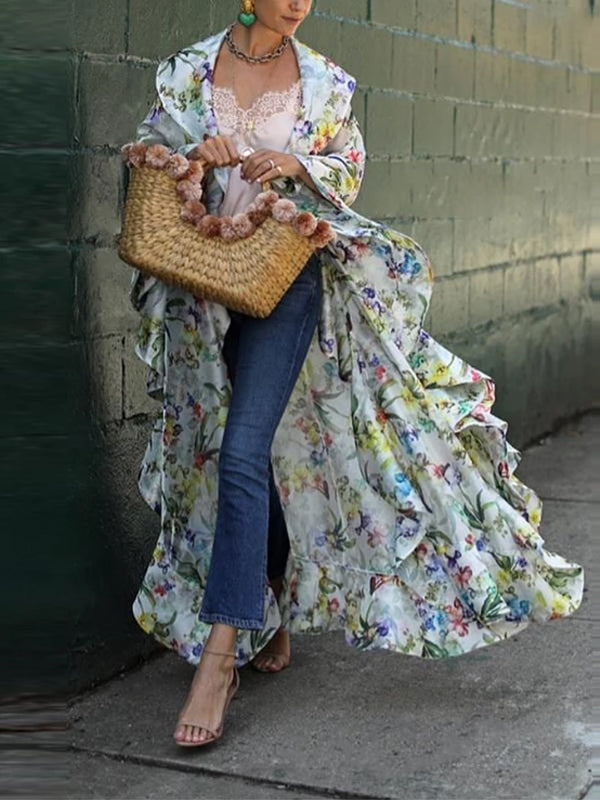 Boho Chiffon Printed Colour Ankle-Length Cardigan