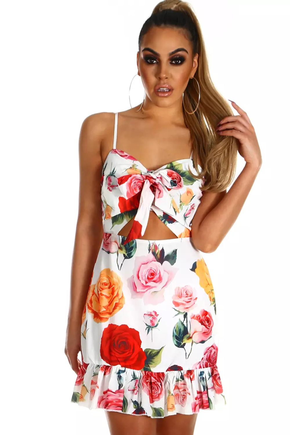 Sunflower Print Cut Out Frill Hem Mini Dress