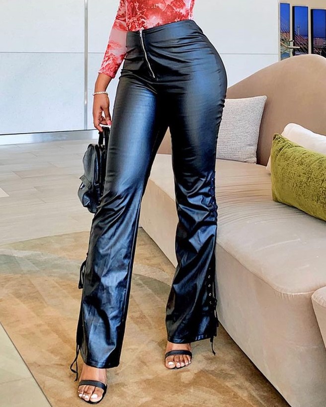 Winter Black Leather Lace-Up Bottom High Waist Wide Trousers