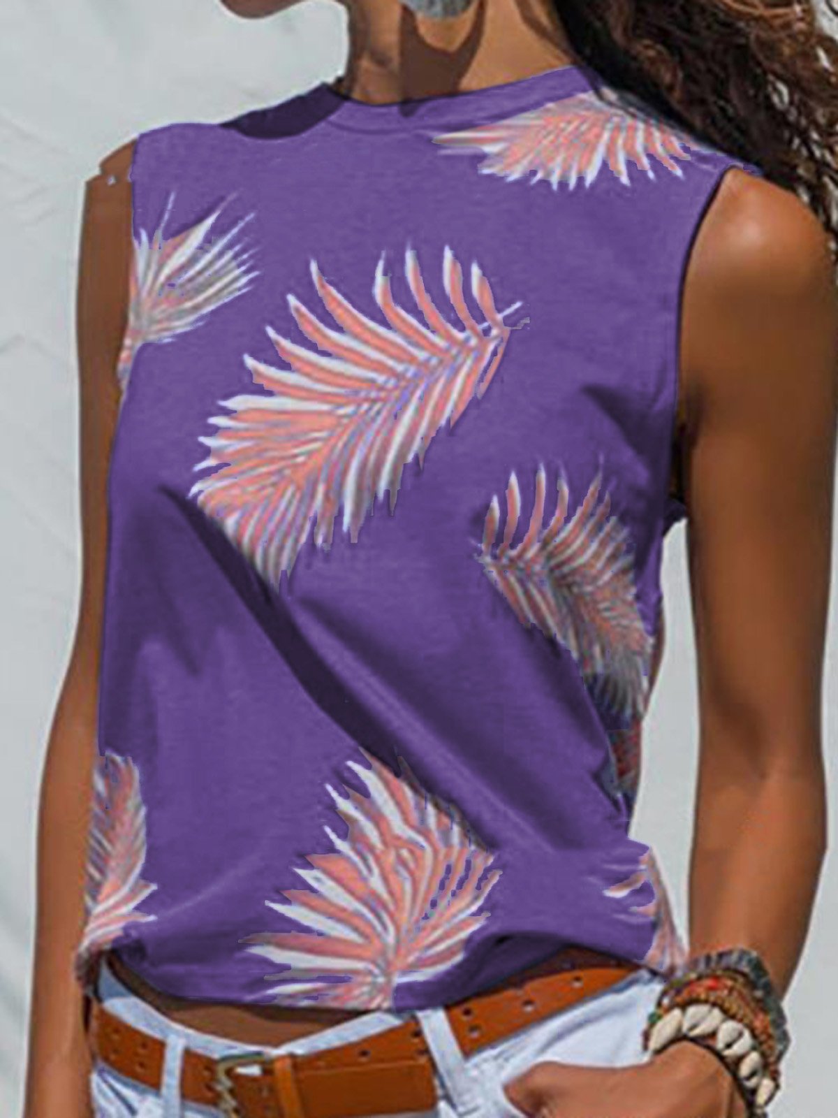Summer Tops Leaf Print Sleeveless Crew Neck Casual Tanks
