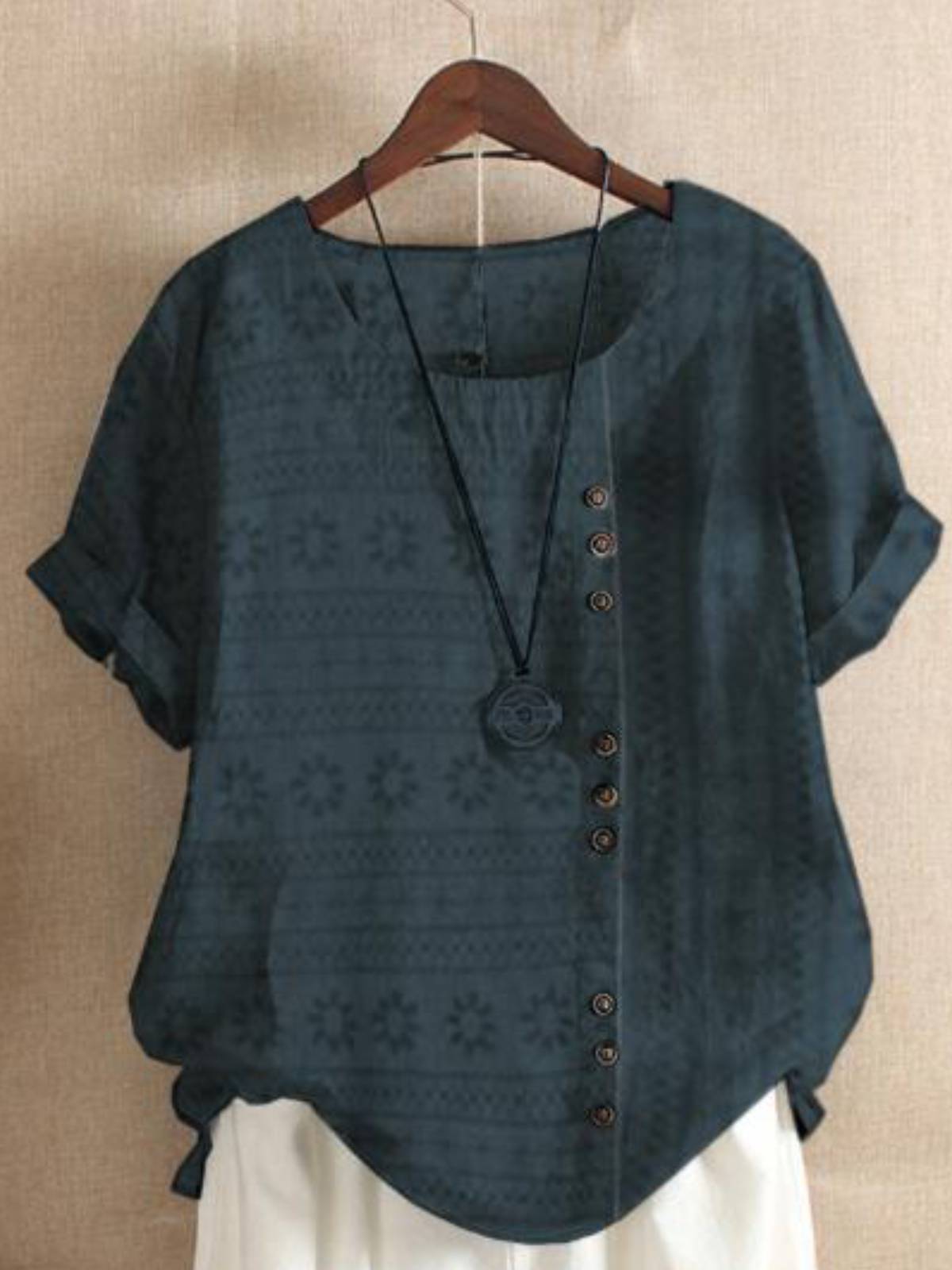 Short Sleeve Round Neck Buttoned Shirts & Tops