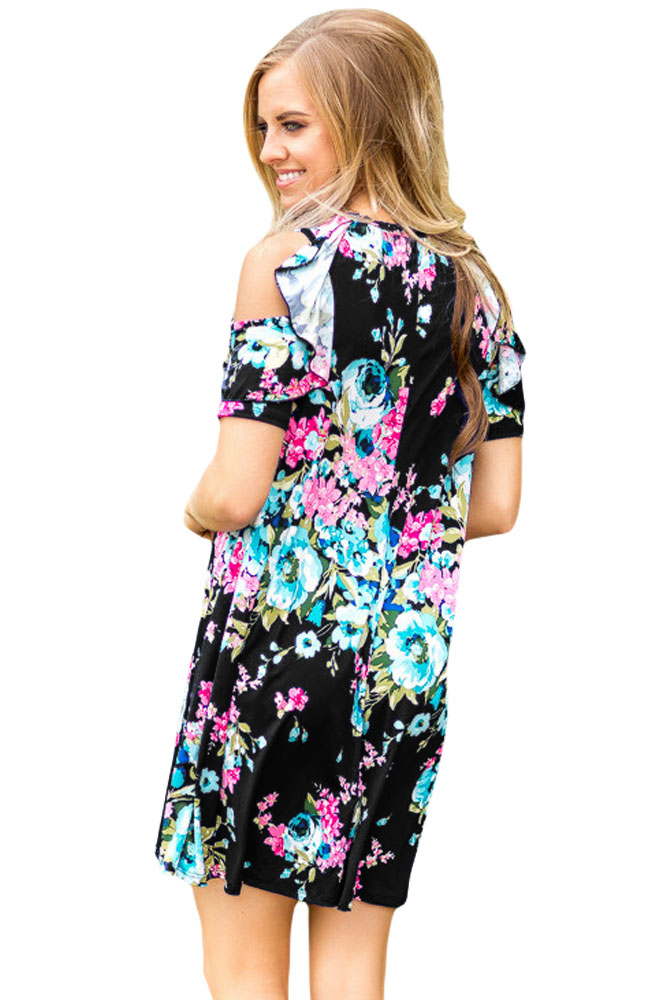 Ruffled Cold Shoulder Black Floral Dress