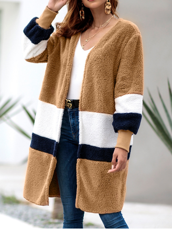 Women Sweater Long Striped Long Sleeve Cardigan Plush Coat