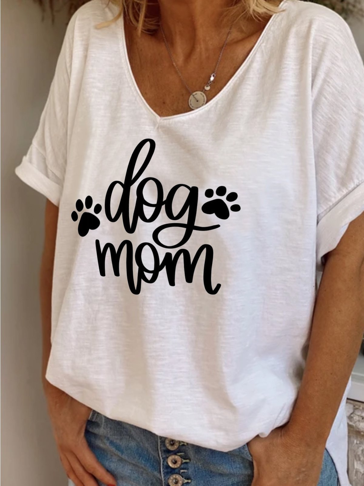 Summer casual basic simple dog mother letter printed V-neck loose T-shirt