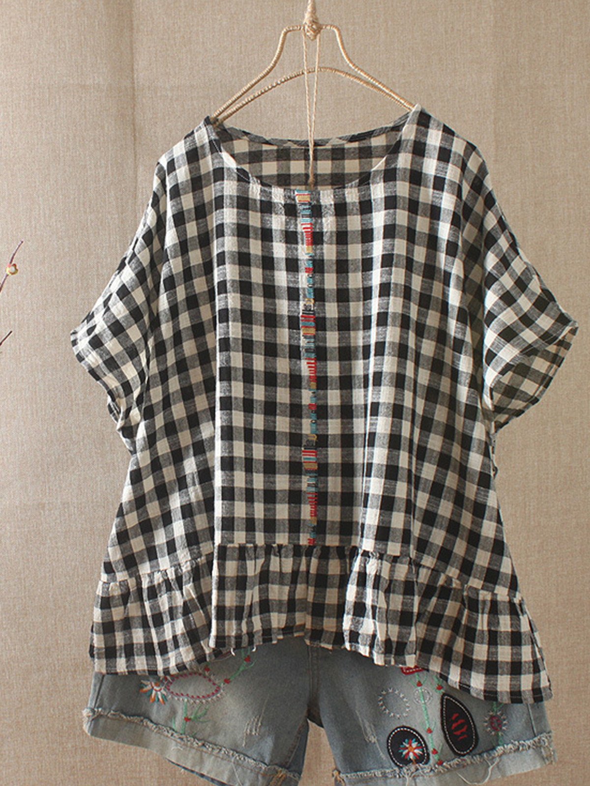 Women Casual Loose Tops Tunic Plaid Blouse Shirt