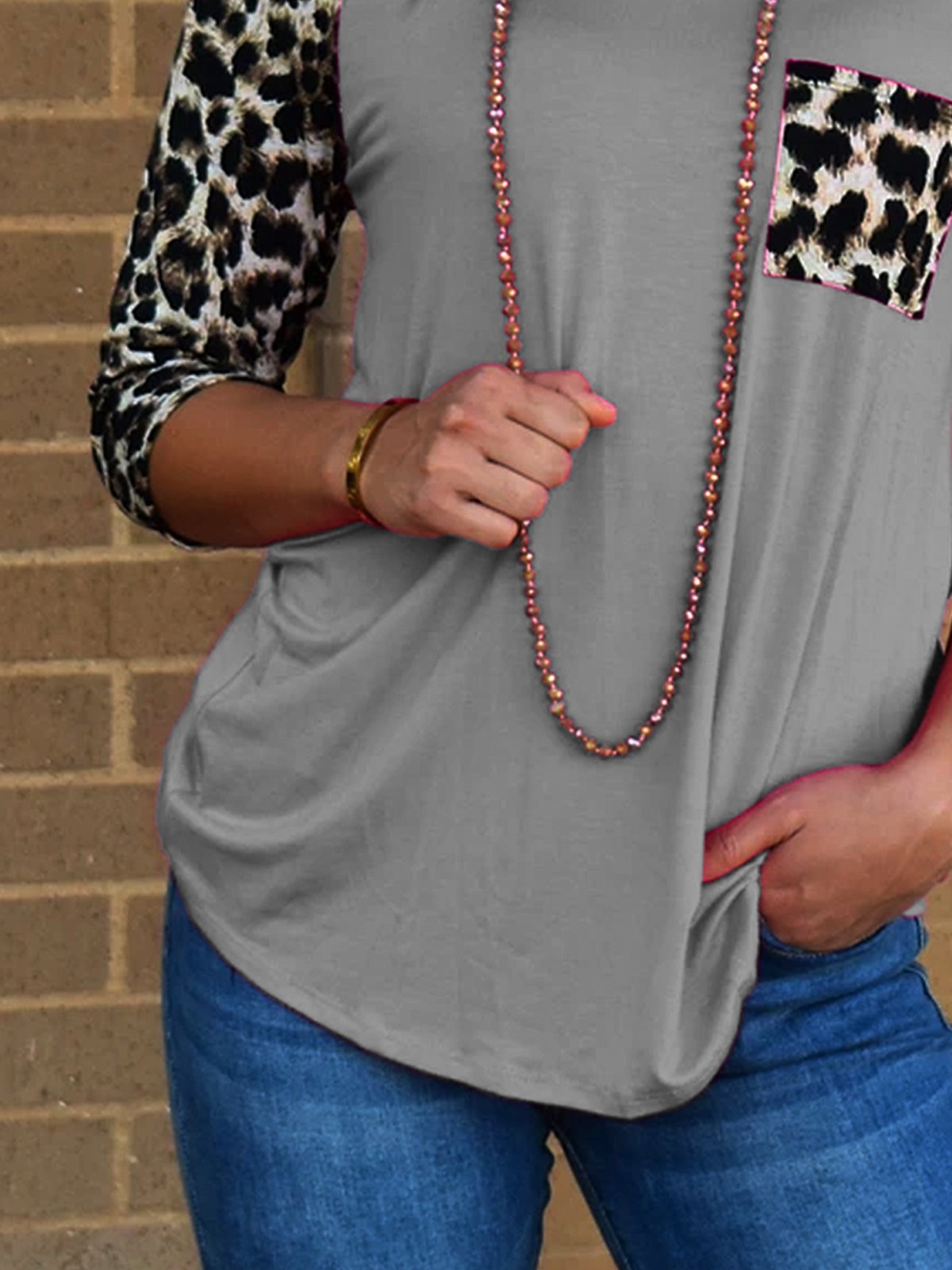 Crew Neck Printed Shift 3/4 Sleeve Shirts & Tops