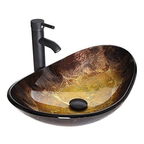 Glass Vessel Sink Free Oil Rubbed Bronze Faucet and Pop-up Drain,Gold ingot