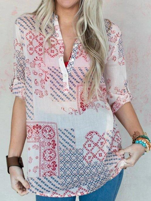Cotton-Blend Tribal Shift Half Sleeve Shirts & Tops