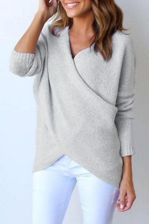 Koseme Surplice Curved Hem Long Sleeve Sweater