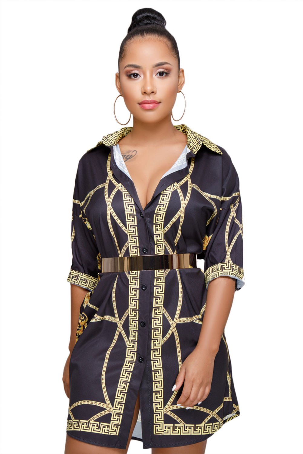 Black Gold Printed Shirt Dress
