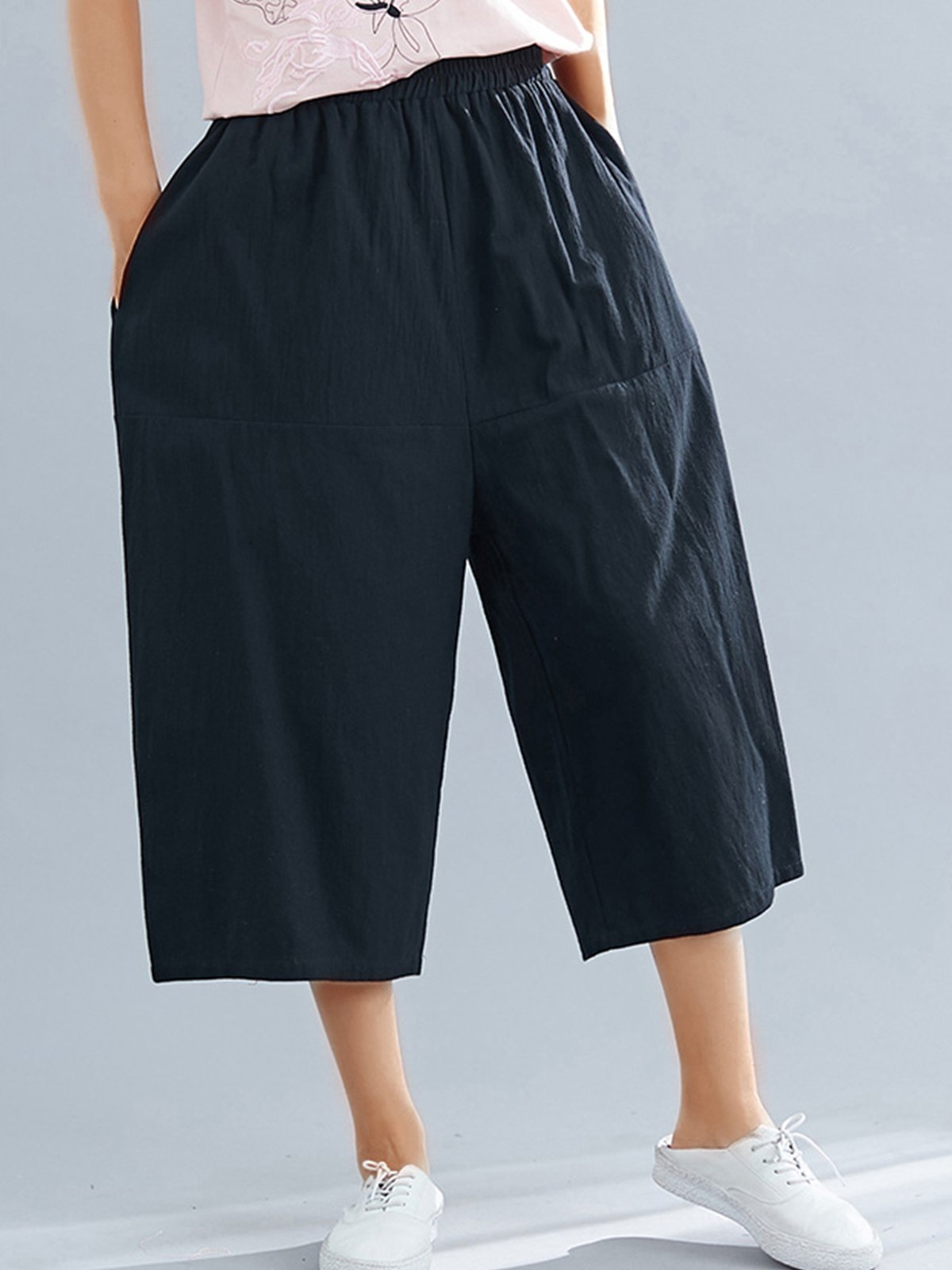 Plus Size Women Cotton And Linen Solid Loose Casual Wide Leg Pants