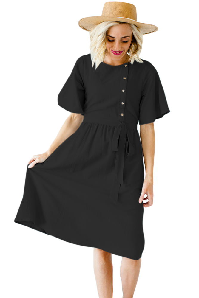 Black Asymmetrical Button Up Front Midi Dress  (缺货不可预定)