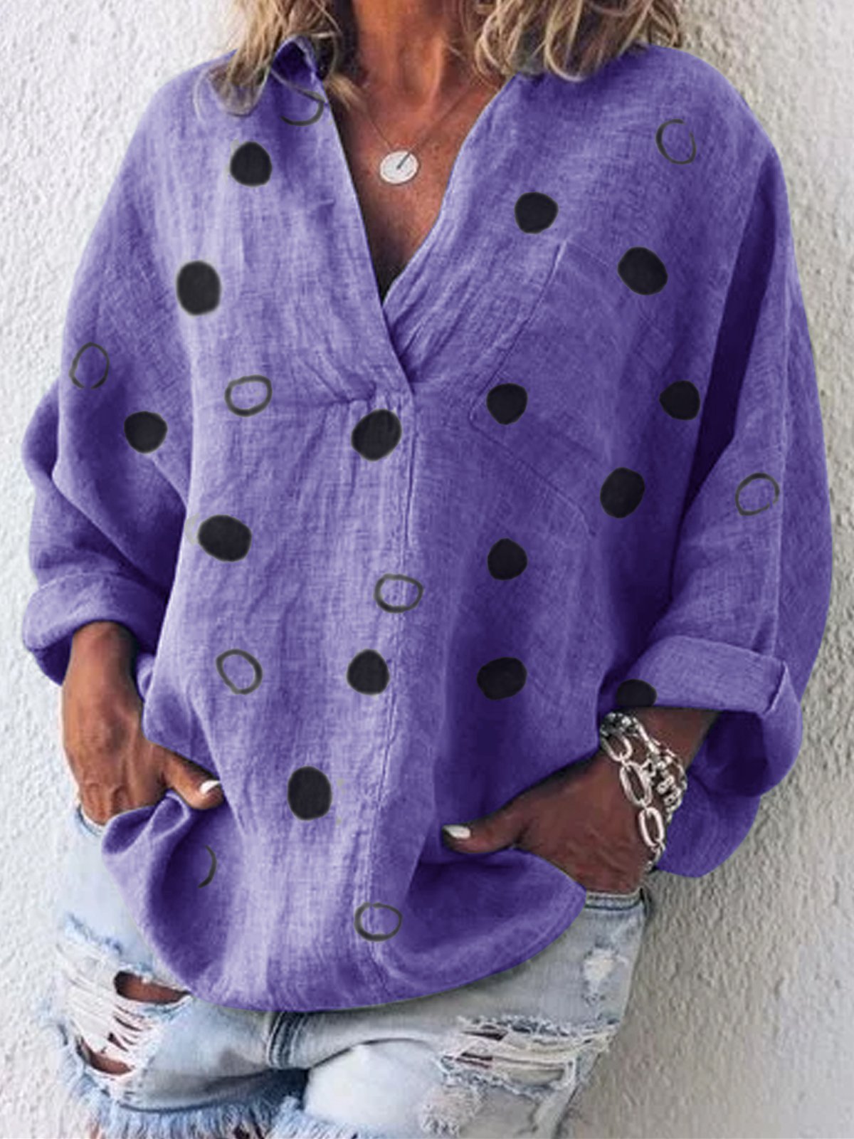 Long Sleeve V Neck Cotton-Blend Patchwork Shirts & Tops