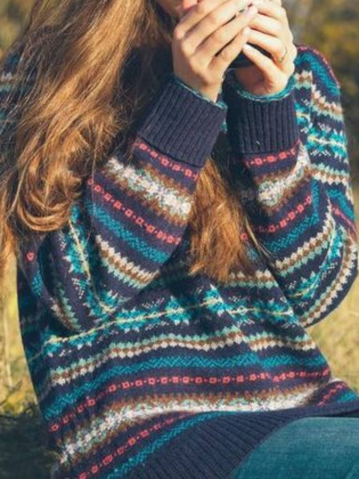 Long Sleeve Color-Block Tribal Sweaters