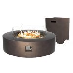 UPHA 42�� Patio Propane Gas Concrete Fire Pit Table, Round with Wind Guard and Fire Table Tank, 50000 BTU Auto-Ignition Fire Table, 42��L x 42��W x 13��H, Brown