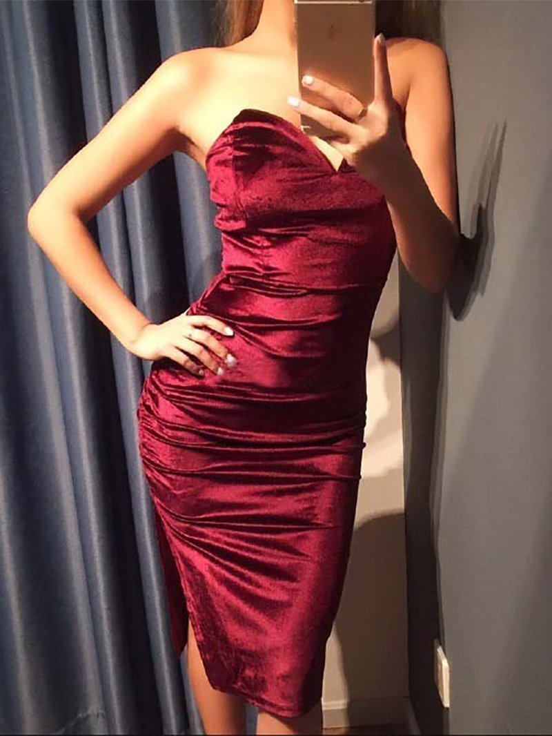 Sexy Deep V Pure Colour Velvet Slit Slim Evening Dress